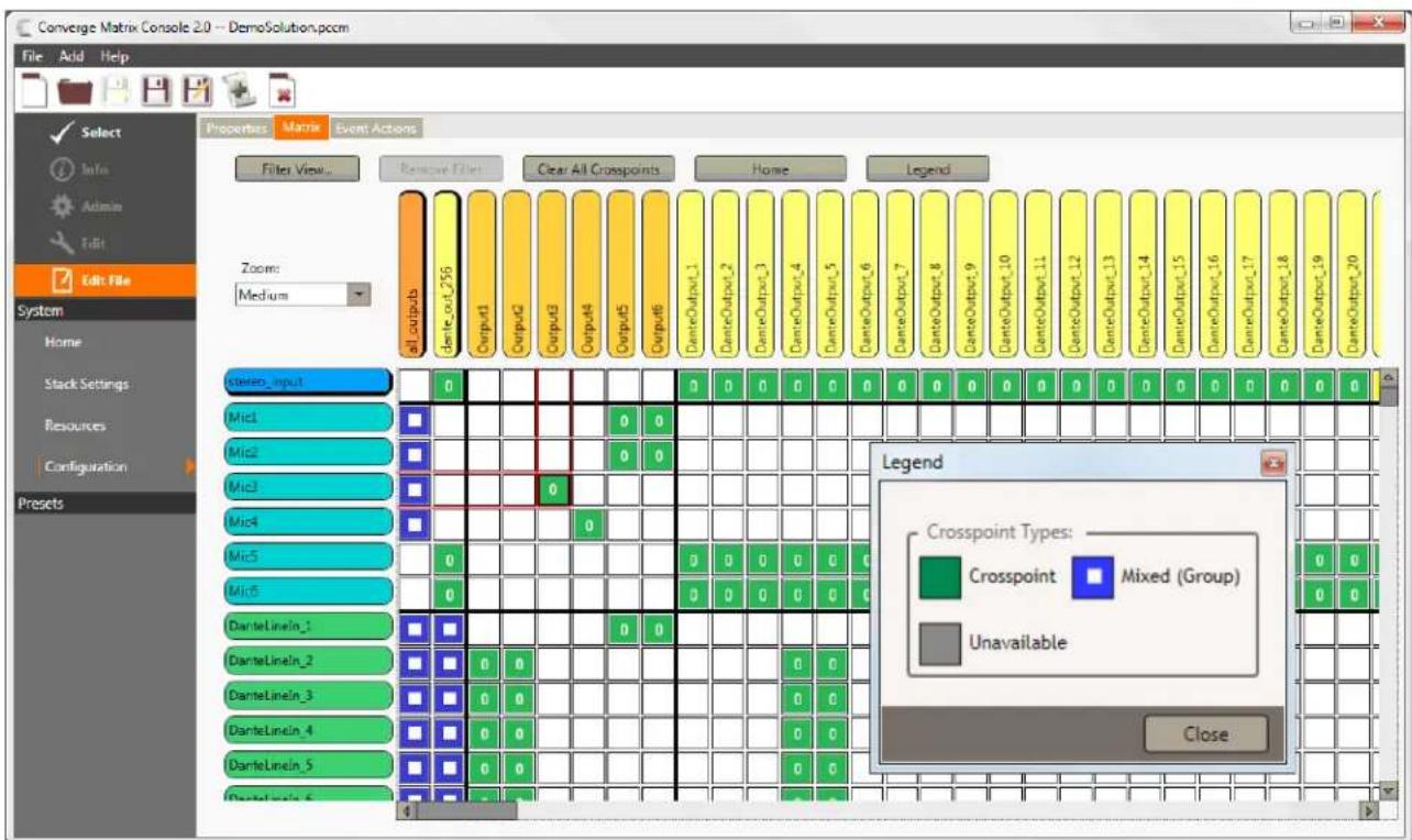Converge Matrix Console 2.0 -- DemoSolution.pccm File Add Help Properties Matrix Event Actions Filter View... Remove Filter Clear All Crosspoints Home Legend Zoom: Medium all output -dante_out_356 Output1 Output2 Output3 Output4 Output5 Output6 -DanteOutput_1 -DanteOutput_2 -DanteOutput_3 -DanteOutput_4 -DanteOutput_5 -DanteOutput_6 -DanteOutput_7 -DanteOutput_8 -DanteOutput_9 -DanteOutput_10 -DanteOutput_11 -DanteOutput_12 -DanteOutput_13 -DanteOutput_14 -DanteOutput_15 -DanteOutput_16 -DanteOutput_17 -DanteOutput_18 -DanteOutput_19 -DanteOutput_20 System Home Stack Settings Resources Configuration Presets Stories_input Mic1 Mic2 Mic3 Mic4 Mic5 Mic6 DanteLineln_1 DanteLineln_2 DanteLineln_3 DanteLineln_4 DanteLineln_5 DanteLineln_6 Legend Crosspoint Types: Crosspoint Mixed (Group) Unavailable Close