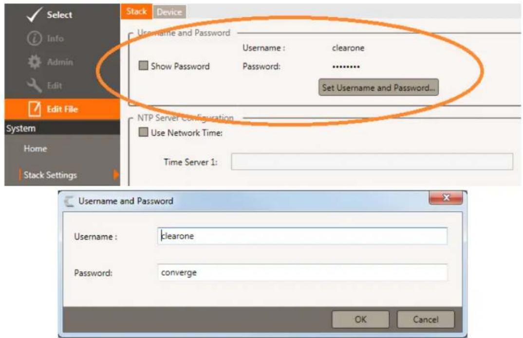 Select Info Admin Edit Edit File System Home Stack Settings Stack Device Username and Password Show Password Username: clearone Password: .......... Set Username and Password... NTP Server Configuration Use Network Time: Time Server 1: Username and Password Username: clearone Password: converge OK Cancel