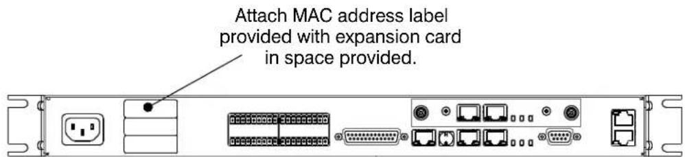 Attach MAC address label provided with expansion card in space provided.