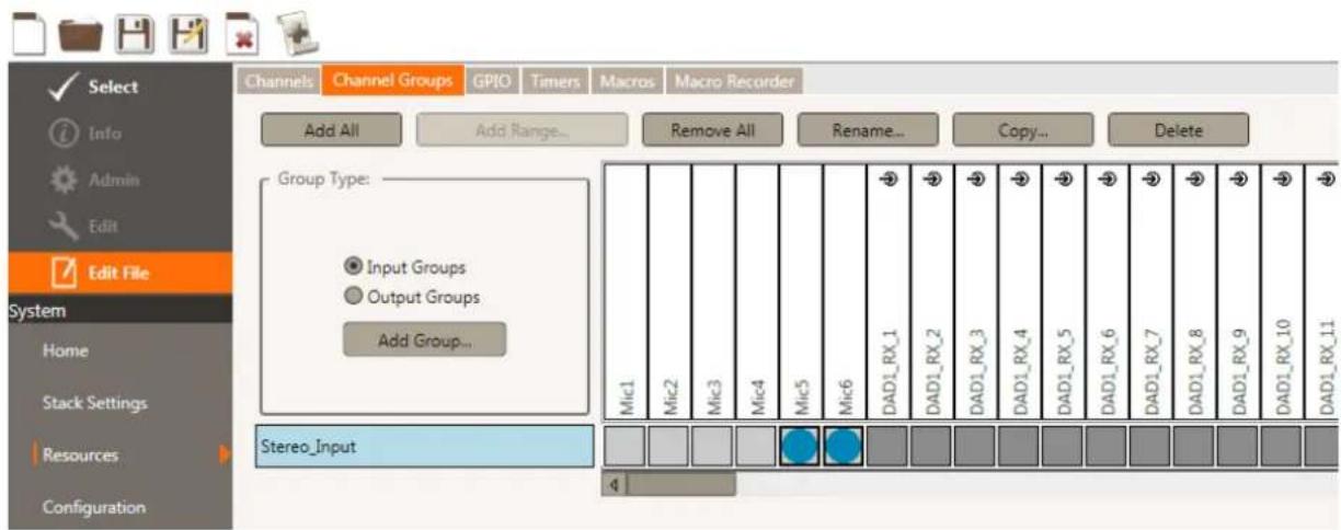 Select Info Admin Edit Edit File System Home Stack Settings Resources Configuration Channels: Channel Groups GPIO Timers Macros Macro Recorder Add All Add Range... Remove All Rename... Copy... Delete Group Type: Input Groups Output Groups Add Group... Stereo_Input Mic1 Mic2 Mic3 Mic4 Mic5 Mic6 DAD1_RX_1 DAD1_RX_2 DAD1_RX_3 DAD1_RX_4 DAD1_RX_5 DAD1_RX_6 DAD1_RX_7 DAD1_RX_8 DAD1_RX_9 DAD1_RX_10 DAD1_RX_11