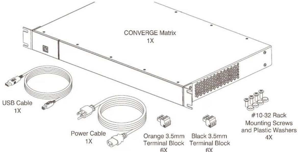 CONVERGE Matrix 1X USB Cable 1X Power Cable 1X Orange 3.5mm Terminal Block 6X Black 3.5mm Terminal Block 6X #10-32 Rack Mounting Screws and Plastic Washers 4X