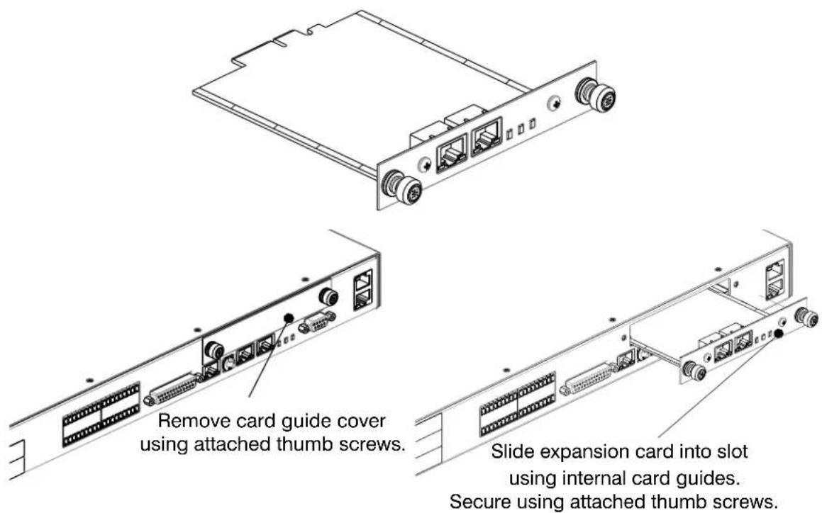 Remove card guide cover using attached thumb screws. Slide expansion card into slot using internal card guides. Secure using attached thumb screws.