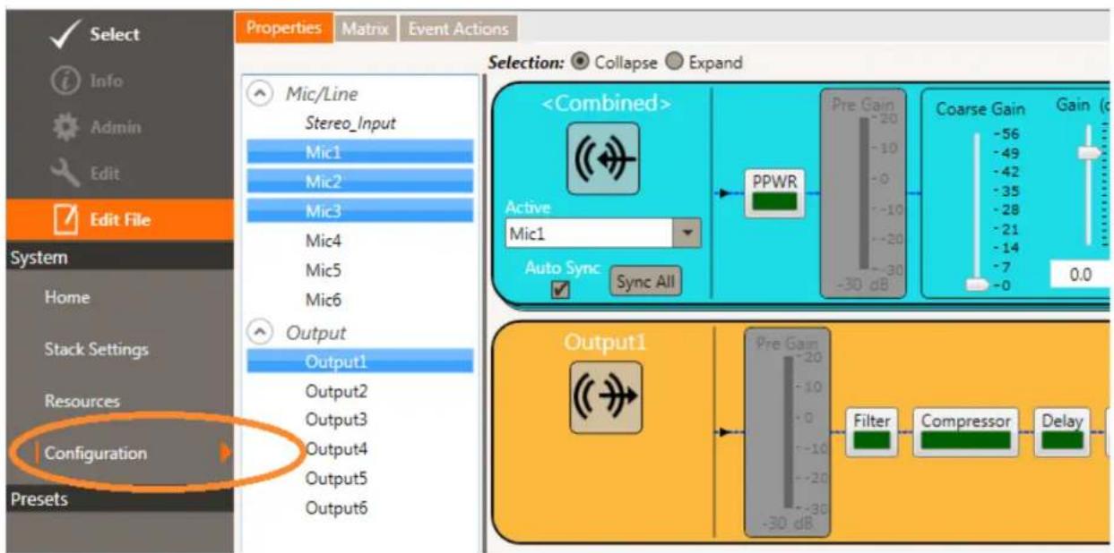 Select Info Admin Edit Edit File System Home Stack Settings Resources Configuration Presets Properties Matrix Event Actions Selection: Collapse Expand Mic/Line Stereo_Input Mic1 Mic2 Mic3 Mic4 Mic5 Mic6 Output Output1 Output2 Output3 Output4 Output5 Output6 Active Mic1 Auto Sync Sync All PPWR Pre Gain -20 -10 -0 -10 -20 -30 dB Coarse Gain Gain (c) -56 -49 -42 -35 -28 -21 -14 -7 0.0 Output1 Pre Gain -20 -10 -0 -10 -20 -30 dB Filter Compressor Delay