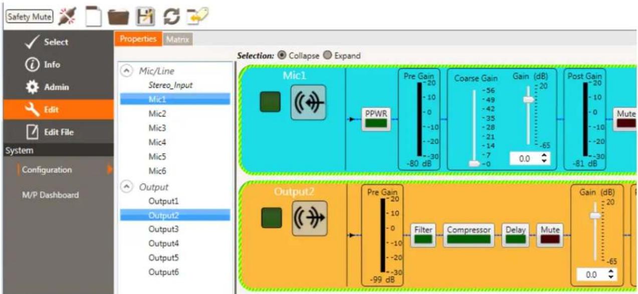 Safety Mute Select Info Admin Edit Edit File System Configuration M/P Dashboard Properties Matrix Selection: Collapse Expand Mic/Line Stereo_Input Mic1 Mic2 Mic3 Mic4 Mic5 Mic6 Output Output1 Output2 Output3 Output4 Output5 Output6 Pre Gain -20 10 0 -10 -20 -30 -80 dB Coarse Gain -56 -49 -42 -35 -28 -21 -14 -7 0.0 Gain (dB) -20 20 -65 Post Gain -20 10 0 -10 -20 -30 -81 dB Mute Output2 Pre Gain -20 10 0 -10 -20 -30 -99 dB Filter Compressor Delay Mute Gain (dB) -65 0.0