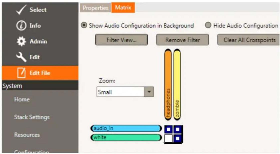 Select Info Admin Edit Edit File System Home Stack Settings Resources Configuration Properties Matrix Show Audio Configuration in Background Hide Audio Configuration Filter View... Remove Filter Clear All Crosspoints Zoom: Small headphones zombie audio_in white