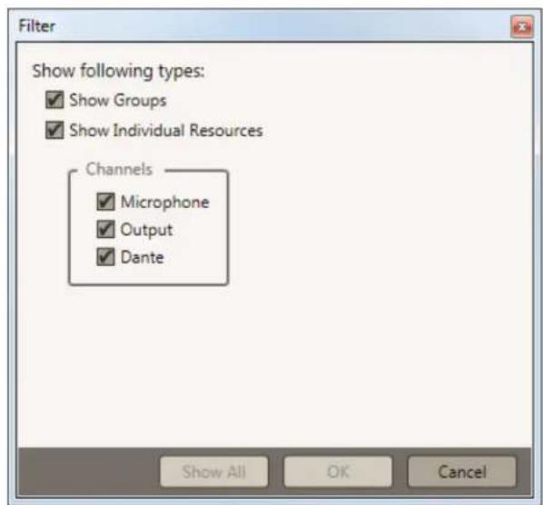 Filter Show following types: ✓ Show Groups ✓ Show Individual Resources Channels ✓ Microphone ✓ Output ✓ Dante Show All OK Cancel