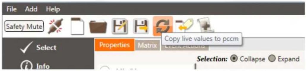 File Add Help Safety Mute Copy live values to pccm Select Properties Matrix Selection: Collapse Expand