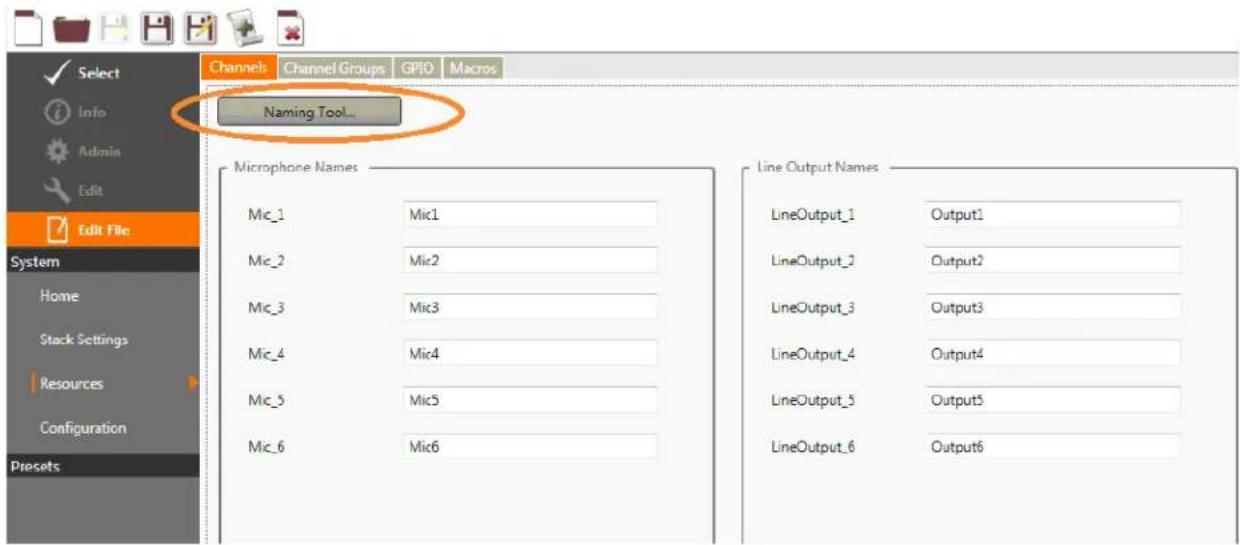 Select Info Admin Edit Edit File System Home Stack Settings Resources Configuration Presets Channels ChannelGroups GPIO Macros Naming Tool... Microphone Names Mic_1 Mic1 Mic_2 Mic2 Mic_3 Mic3 Mic_4 Mic4 Mic_5 Mic5 Mic_6 Mic6 Line Output Names LineOutput_1 Output1 LineOutput_2 Output2 LineOutput_3 Output3 LineOutput_4 Output4 LineOutput_5 Output5 LineOutput_6 Output6