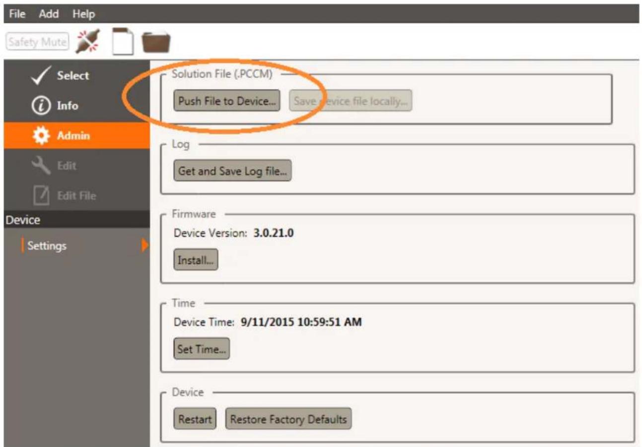 File Add Help Safety Mute Select Info Admin Edit Edit File Device Settings Solution File (.PCCM) Push File to Device... Save device file locally... Log Get and Save Log file... Firmware Device Version: 3.0.21.0 Install... Time Device Time: 9/11/2015 10:59:51 AM Set Time... Device Restart Restore Factory Defaults