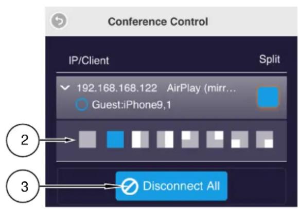 Conference Control IP/Client Split ✓ 192.168.168.122 AirPlay (mirr... Guest:iPhone9,1 ② ③ Disconnect All