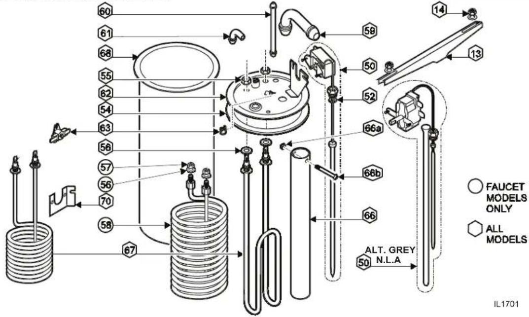 60 61 68 55 62 54 63 56 57 56 70 58 67 59 50 52 66a 66b 66 ALT. GREY N.L.A 14 13 FAUCET MODELS ONLY ALL MODELS 50 IL1701