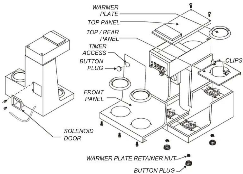 WARMER PLATE TOP PANEL TOP / REAR PANEL TIMER ACCESS BUTTON PLUG FRONT PANEL SOLENOID DOOR CLIPS WARMER PLATE RETAINER NUT BUTTON PLUG