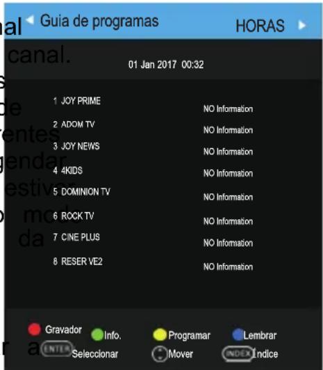 Guia de programas HORAS 01 Jan 2017 00:32 1 JOY PRIME 2 ADOM TV 3 JOY NEWS 4 4KIDS 5 DOMINION TV 6 ROCK TV 7 CINE PLUS 8 RESER VE2 NO Information NO Information NO Information NO Information NO Information NO Information NO Information GRAVADOR Info. Programar Lembrar ENTER Selectionar Mover INDEX Indice