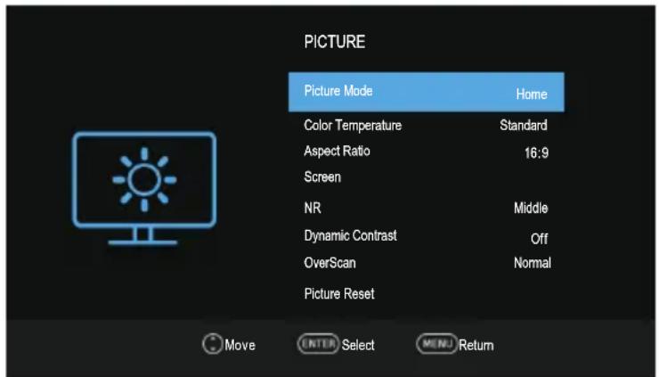 PICTURE Picture Mode Home Color Temperature Standard Aspect Ratio 16:9 Screen NR Middle Dynamic Contrast Off OverScan Normal Picture Reset Move ENTER Select MENU Return