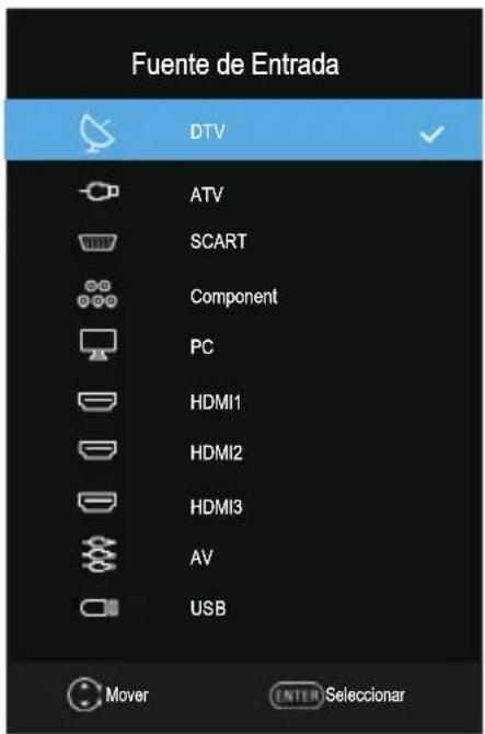 Fuente de Entrada DTV ATV SCART Component PC HDMI1 HDMI2 HDMI3 AV USB Mover ENTER Seleccionar