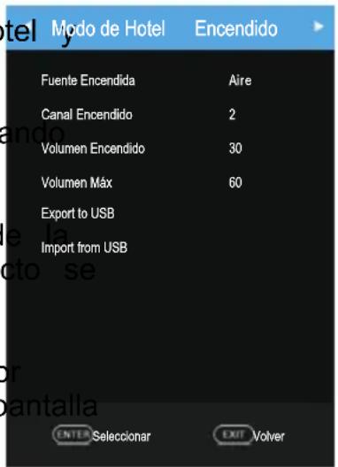 Modo de Hotel Encendido Fuente Encendida Aire Canal Encendido 2 Volumen Encendido 30 Volumen Máx 60 Export to USB Import from USB ENTER Seleccionar EXIT Volver