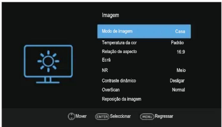 Imagem Modo de imagem Casa Temperatura da cor Padrão Relação de aspecto 16:9 Ecrã NR Meio Contraste dinâmico Desligar OverScan Normal Reposição da imagem Mover ENTER Seleccionar MENU Regressor