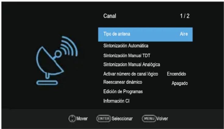 Canal 1 / 2 Tipo de antenna Aire Sintonización Automática Sintonización Manual TDT Sintonización Manual Analógica Activar número de canal lógico Encendido Reescanear dinámico Apagado Edición de Programas Información CI Mover ENTER Seleccionar MENU Volver