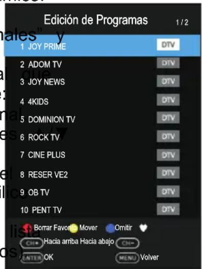 Edición de Programas 1/2 1 JOY PRIME DTV 2 ADOM TV DTV 3 JOY NEWS DTV 4 4KIDS DTV 5 DOMINION TV DTV 6 ROCK TV DTV 7 CINE PLUS DTV 8 RESER VE2 DTV 9 OB TV DTV 10 PENT TV DTV Bomar Favoría Mover Omitir Hacia arriba Hacia abajo CH- ENTER OK MENU Volver