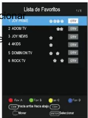 Lista de Favoritos 1 JOY PRIME 2 ADOM TV 3 JOY NEWS 4 4KIDS 5 DOMINION TV 6 ROCK TV Fav A Fav B Fav C Fav D Hacia arrba Hacia abajo Mover Selectionar