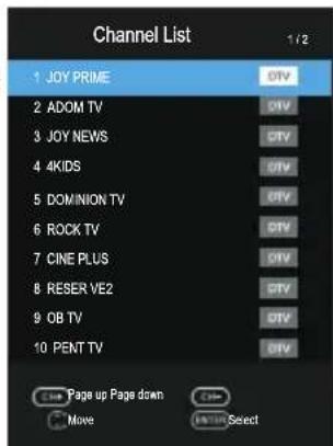 Channel List 1 JOY PRIME 2 ADOM TV 3 JOY NEWS 4 4KIDS 5 DOMINION TV 6 ROCK TV 7 CINE PLUS 8 RESERVE2 9 OB TV 10 PENT TV Page up Page down Move Select