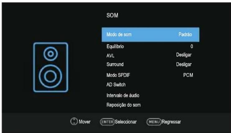 SOM Modo de som Padrão Equilíbrio 0 AVL Desligar Surround Desligar Modo SPDIF PCM AD Switch Intervalo de áudio Reposição do som Mover ENTER Seleccionar MENU Regressar