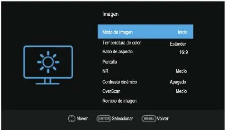 Imagen Modo de Imagen Inicio Temperatura de color Estándar Ratio de aspecto 16:9 Pantalla NR Medio Contraste dinámico Apagado OverScan Medio Reinicio de imagen Mover ENTER Selecionar MENU Volver
