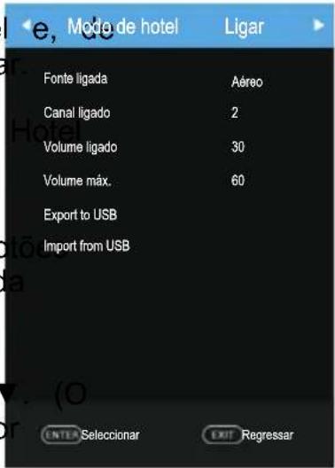 e, Mode de hotel Ligar Fonte ligada Aéreo Canal ligado 2 Volume ligado 30 Volume máx. 60 Export to USB Import from USB ENTER Seleccionar EXIT Regressar
