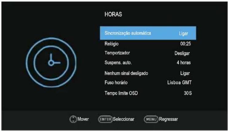HORAS Sincronização automática Liger Relógio 00:25 Temporizador Desligar Suspens. auto. 4 horas Nenhum sinal desligado Ligar Fuso horário Lisboa GMT Tempo limite OSD 30S Mover ENTER Seleccionar MENU Regressor
