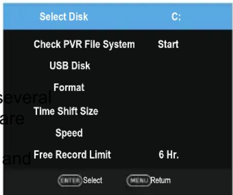 Select Disk C: Check PVR File System Start USB Disk Format Time Shift Size Speed Free Record Limit 6 Hr. ENTER Select MENU Return
