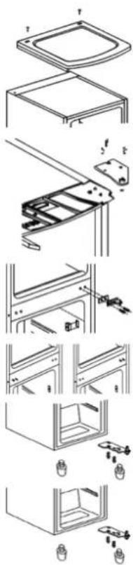 Technical diagram showing exploded views of a refrigerator with labeled components and assembly steps