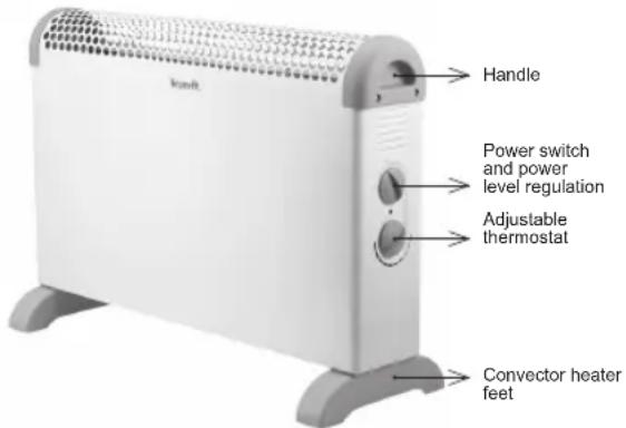 kraft Handle Power switch and power level regulation Adjustable thermostat Convector heater feet
