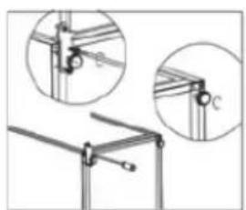 Technical line drawing of a mechanical bracket assembly with two circular insets showing close-up views (no text or symbols)