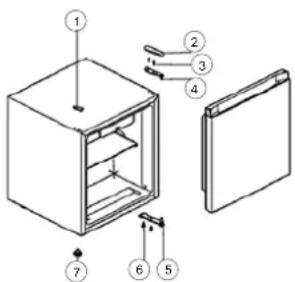 Exploded view diagram of a refrigerator with numbered parts for identification