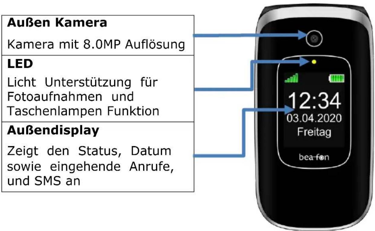 Außen Kamera Kamera mit 8.0MP Auflösung LED Licht Unterstützung für Fotoaufnahmen und Taschenlampen Funktion Außendisplay Zeigt den Status, Datum sowie eingehende Anrufe, und SMS an 12:34 03.04.2020 Freitag bea-fon