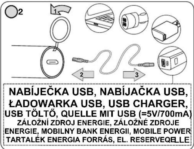 NABÍJEČKA USB, NABÍJAČKA USB, ŁADOWARKA USB, USB CHARGER, USB TÖLTÖ, QUELLE MIT USB (=5V/700mA) ZÁLOŽNÍ ZDROJ ENERGIE, ZÁLOŽNÉ ZDROJE ENERGIE, MOBILNY BANK ENERGII, MOBILE POWER TARTALEK ENERGIA FORRÁS, EL. RESERVEQELLE