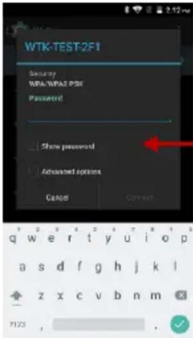 WTK-TEST-2F1 Security WPA/WPA2 PSX Password Show password Advanced options Cancel Cancel q w e r t y u i o p a s d f g h j k l z x c v b n m 7123 ,