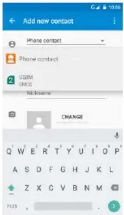 Add new contact Phone contact Phone contact USIM OMOC Nickelene CHANGE Q' W E R T Y U I O P' A S D F G H J K L Z X C V B N M 7123