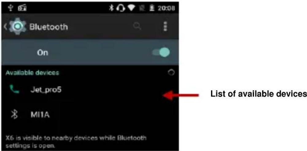 Bluetooth On Available devices Jet_pro5 MI1A X6 is visible to nearby devices while Bluetooth settings is open. List of available devices