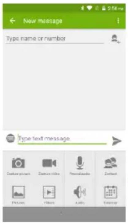 New message Type name or number Type text message Capture photo Capture video Personal audio Contact Pictures Videos Audio Energy