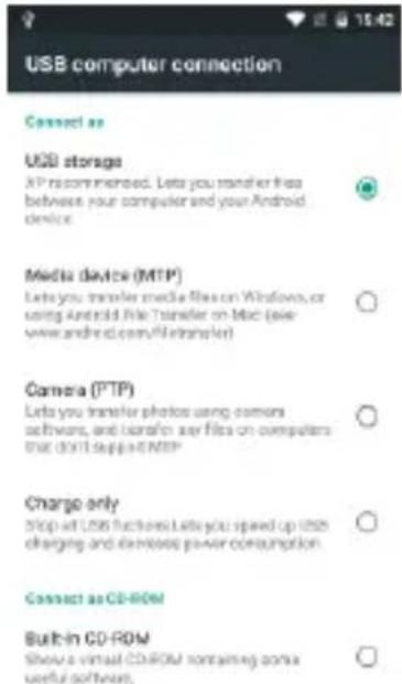 USB computer connection Connect as USB storage XP recommended. Let you transfer free between your computer and your Android device. Media device (MTP) Lets you transfer media files on Windows, or using Android file Transfer on Mac (see www.android.com/NetTransfer) Camera (PTP) Lets you transfer photos using comers software, and can't any files on computers that don't support MTP Charge only Stop at USB flashbox. Lets you speed up USB charging and developing power consumption. Connect as CD-ROM Built-in CD-ROM Show a virtual CD-ROM containing some useful software.