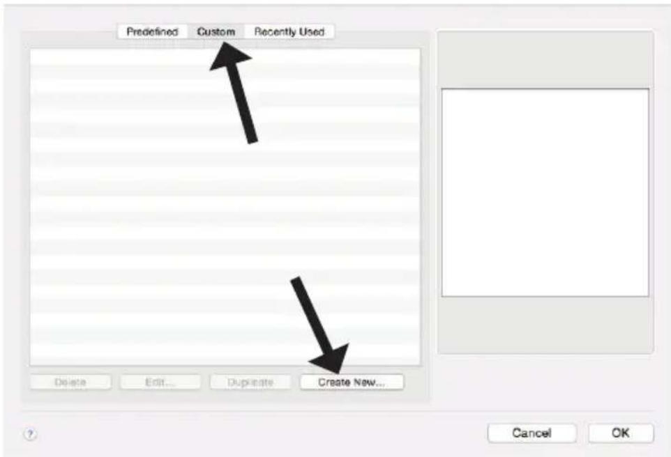 Predefined Custom Recently Used Delete Edit... Duplicate Create New... Cancel OK