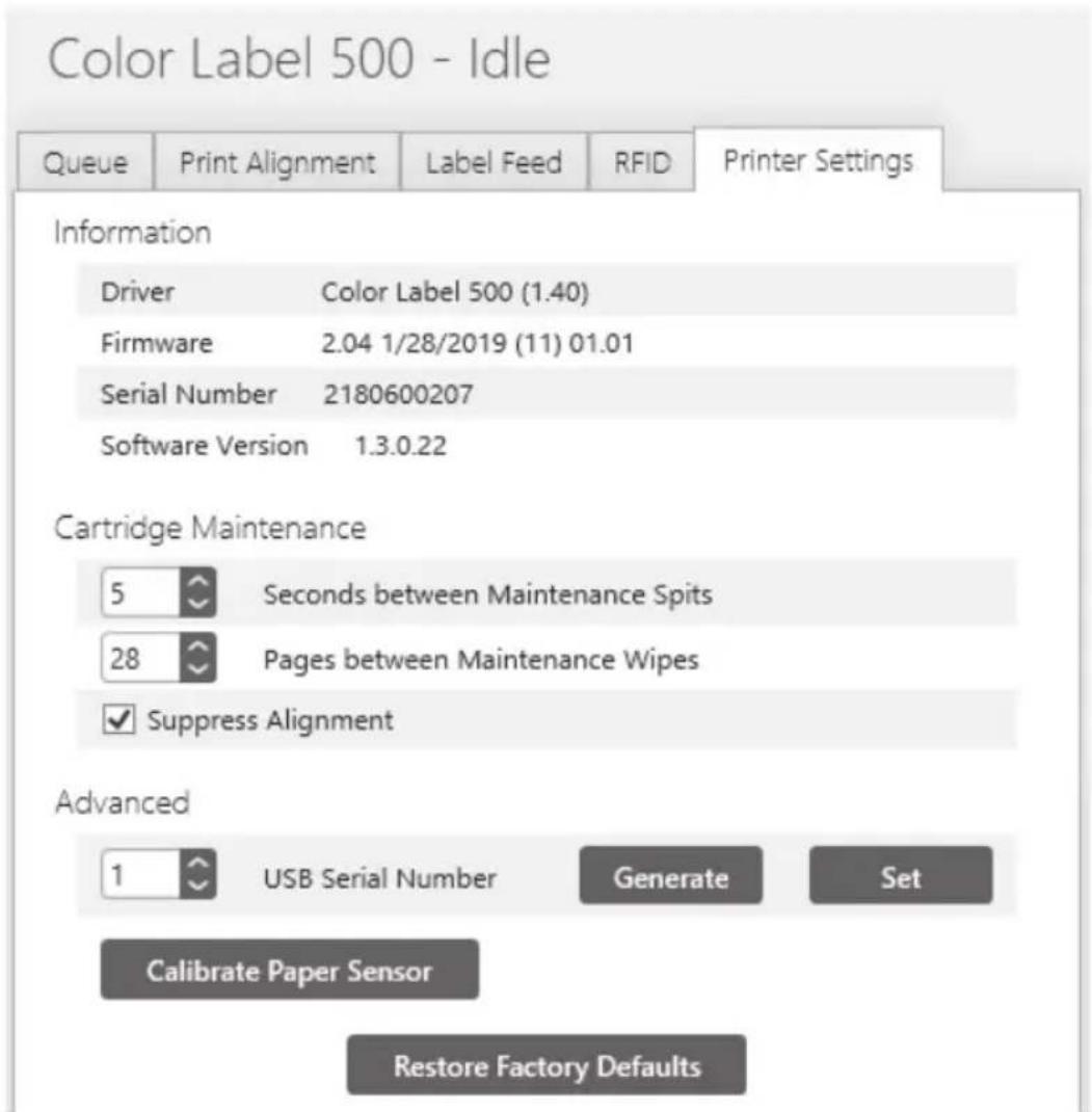 Color Label 500 - Idle Queue Print Alignment Label Feed RFID Printer Settings Information Driver Color Label 500 (1.40) Firmware 2.04 1/28/2019 (11) 01.01 Serial Number 2180600207 Software Version 1.3.0.22 Cartridge Maintenance 5 Seconds between Maintenance Spits 28 Pages between Maintenance Wipes ✓ Suppress Alignment Advanced 1 USB Serial Number Generate Set Calibrate Paper Sensor Restore Factory Defaults
