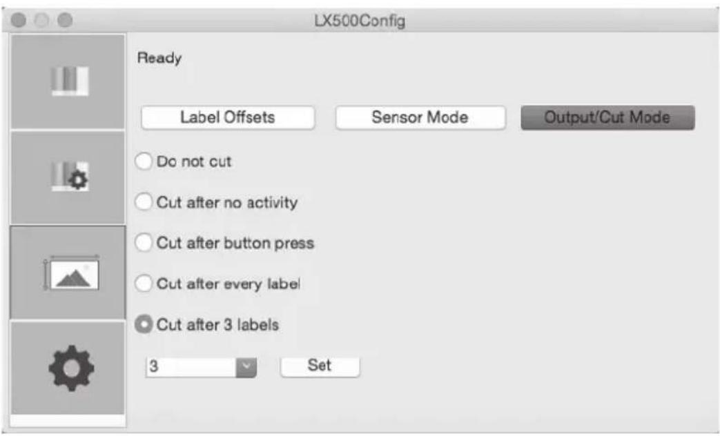 LX500Config Ready Label Offsets Sensor Mode Output/Cut Mode Do not cut Cut after no activity Cut after button press Cut after every label Cut after 3 labels 3 Set