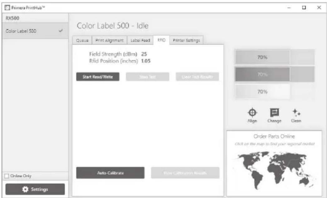 Primera PrintHub™ RX500 Color Label 500 Color Label 500 - Idle Queue Print Alignment Label Read RFID Printer Settings Field Strength (dBm) 25 Rfid Position (inches) 1.05 Start Read/Write Stop Test Load Test Results 70% 70% 70% Align Change Clean Order Parts Online Click on the map to find your regional market Auto-Calibrate Fire Calibration Results Online Only Settings