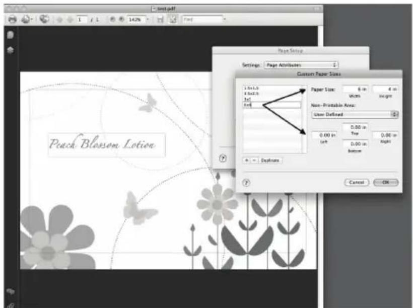 Peach Blossom Lotion Page Setup Settings: Page Attributes Custom Paper Sizes 1.5x1.5 2.5x2.5 3.5x4 Paper Size: 5 in 4 in Width Height Non-Printable Area: User Defined 0.00 in Left 0.00 in Right 0.00 in Bottom Capture Cancel OK...
