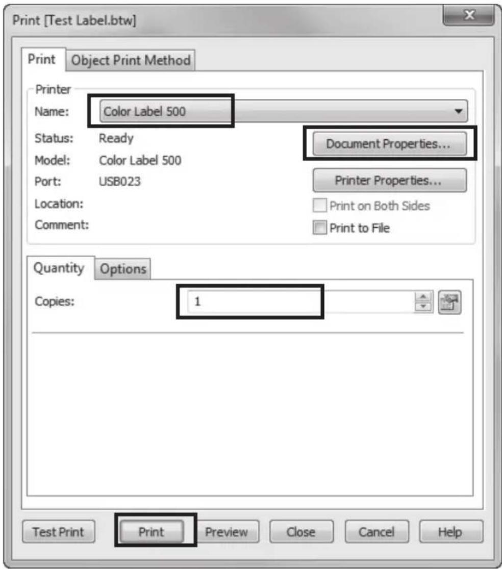 Print [Test Label.btw] Print Object Print Method Printer Name: Color Label 500 Status: Ready Document Properties... Model: Color Label 500 Port: USB023 Printer Properties... Location: Print on Both Sides Comment: Print to File Quantity Options Copies: 1 Test Print Print Preview Close Cancel Help