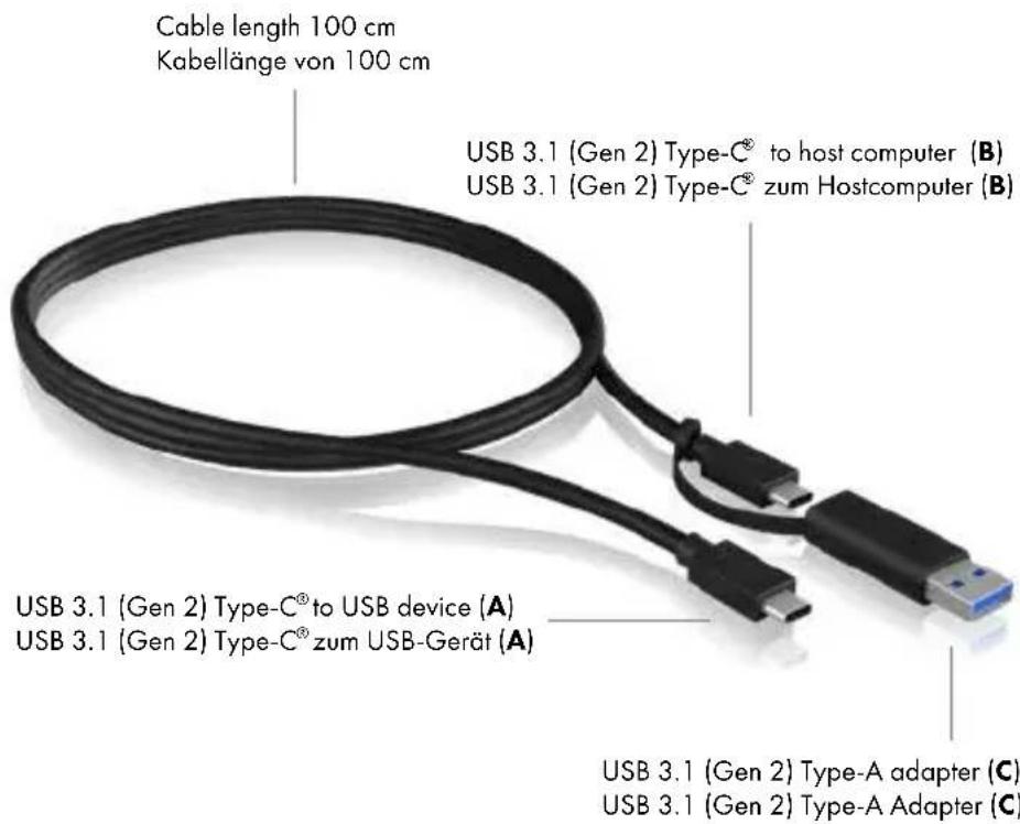 Cable length 100 cm Kabellänge von 100 cm USB 3.1 (Gen 2) Type-C® to host computer (B) USB 3.1 (Gen 2) Type-C® zum Hostcomputer (B) USB 3.1 (Gen 2) Type-C® to USB device (A) USB 3.1 (Gen 2) Type-C® zum USB-Gerät (A) USB 3.1 (Gen 2) Type-A adapter (C) USB 3.1 (Gen 2) Type-A Adapter (C)
