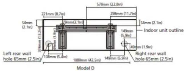 578mm (22.8in) 221mm (8.7in) 298mm (11.7in) 54mm (2.1in) 54mm (2.1in) 336mm (13.2in) 79mm (3.1in) 149mm (5.9in) Indoor unit outline Left rear wall hole 65mm (2.5in) 338mm (1.9in) 49mm (1.9in) 138mm (5.4in) 1080mm (42.5in) 149mm (5.9in) Right rear wall hole 65mm (2.5in) Model D