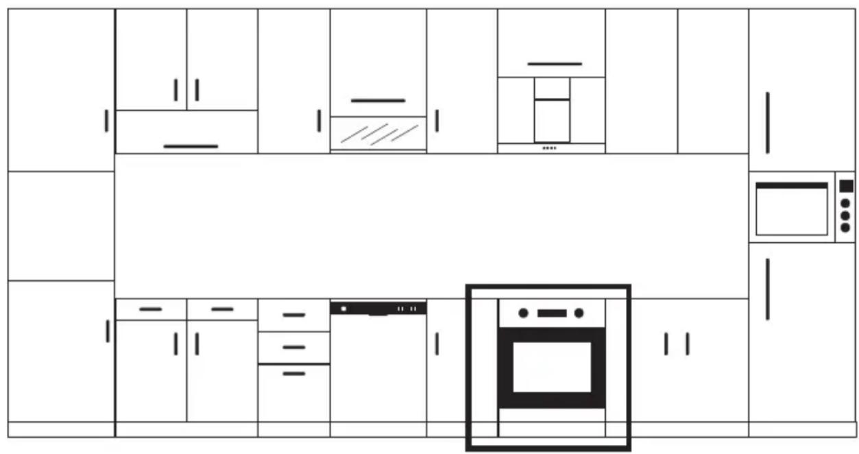 Architectural floor plan of a kitchen with labeled cabinets, fixtures, and oven diagram
